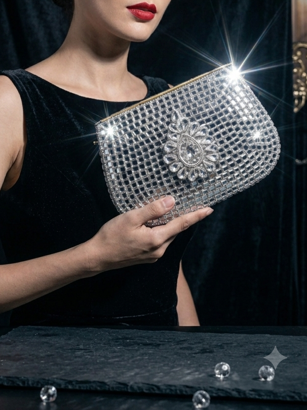 Sheesh Mahal Buta Glass mosaic brass clutch Silver Square