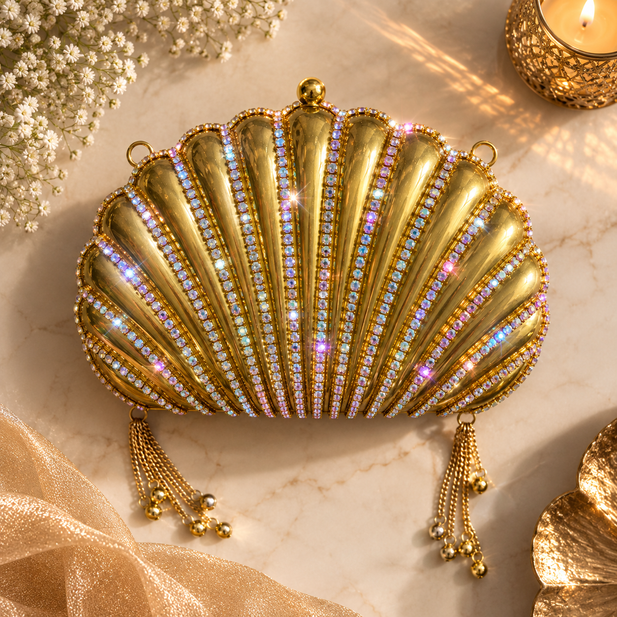 Heera Clutch - Dazzling RhineStone Shell shaped Brass Bag