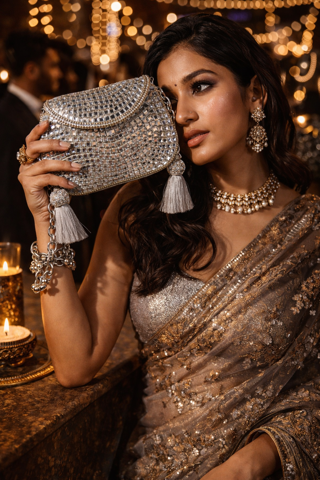 Sheesh Mahal - Glass mosaic Brass Bag in Silver tone