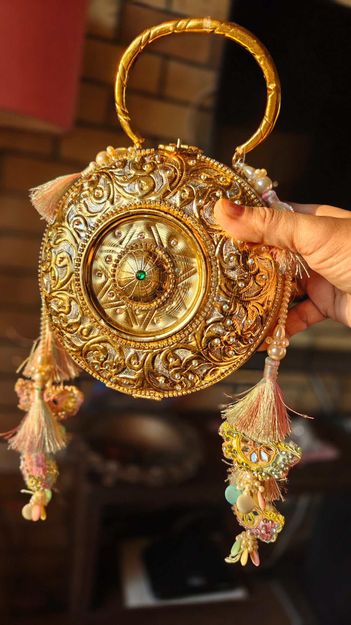 The Suvarna collection - Mandala crystal stone brass bag