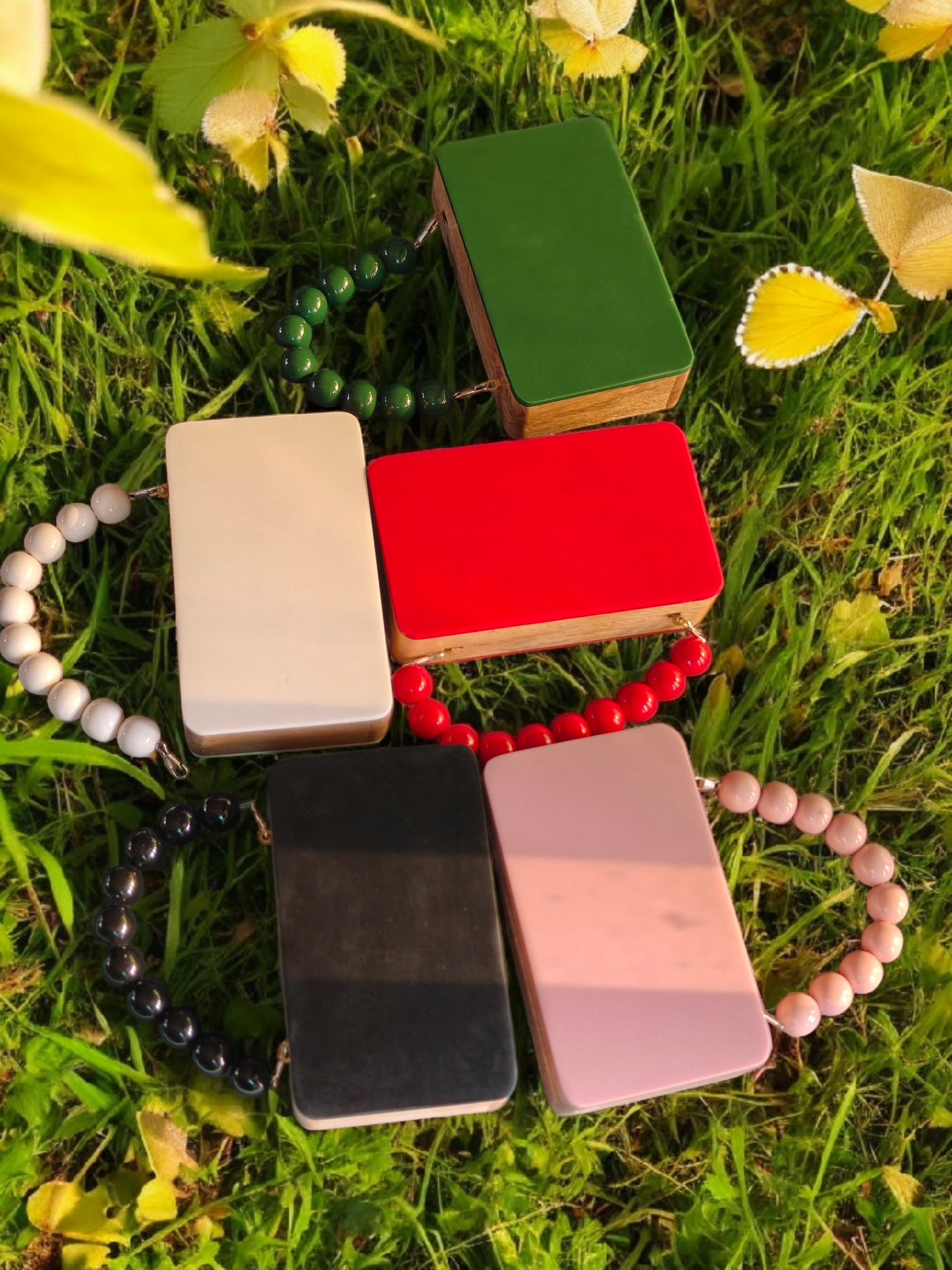 Colour blocked wooden quirky handbags