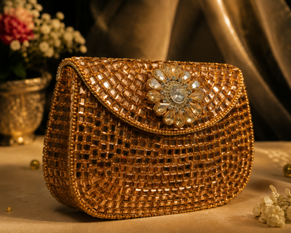Sheesh Mahal Buta glass mosaic brass clutch Gold square