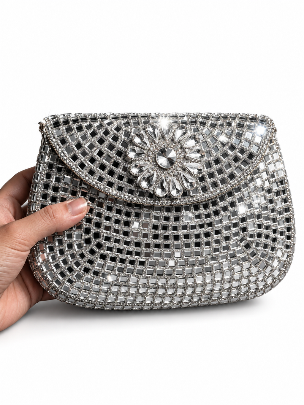 Sheesh Mahal Buta Glass mosaic brass clutch Silver Square