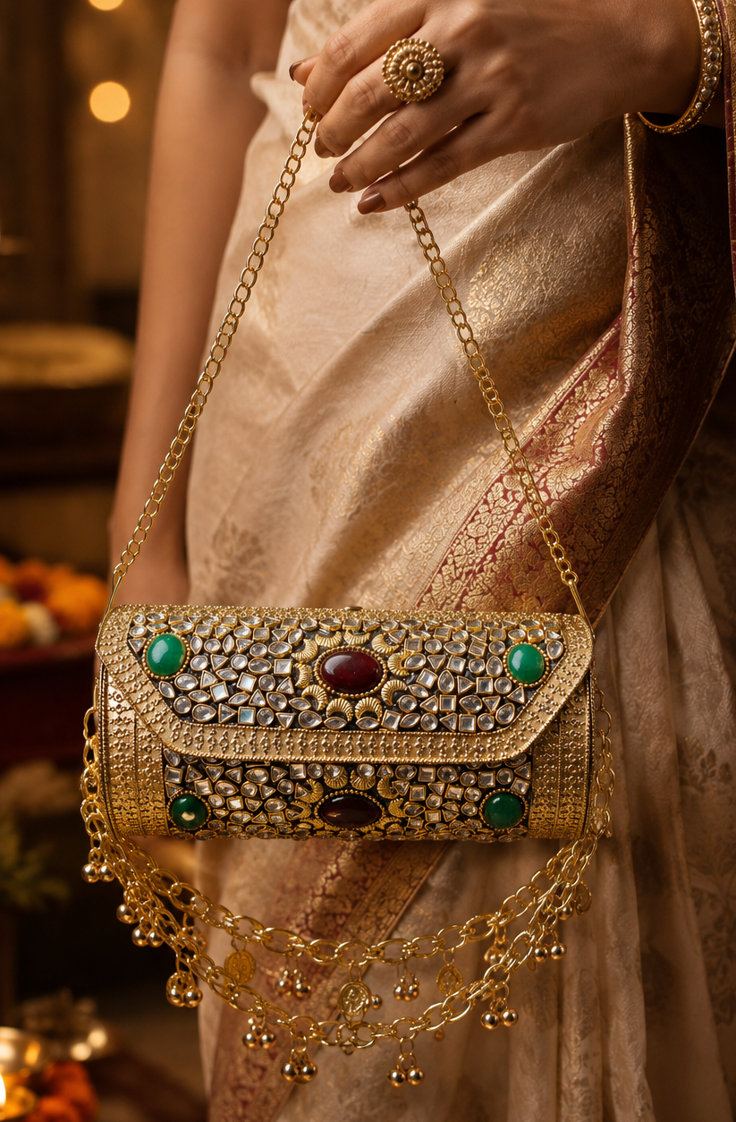 Sheesh Mahal Dholki Clutch in kundan n stones