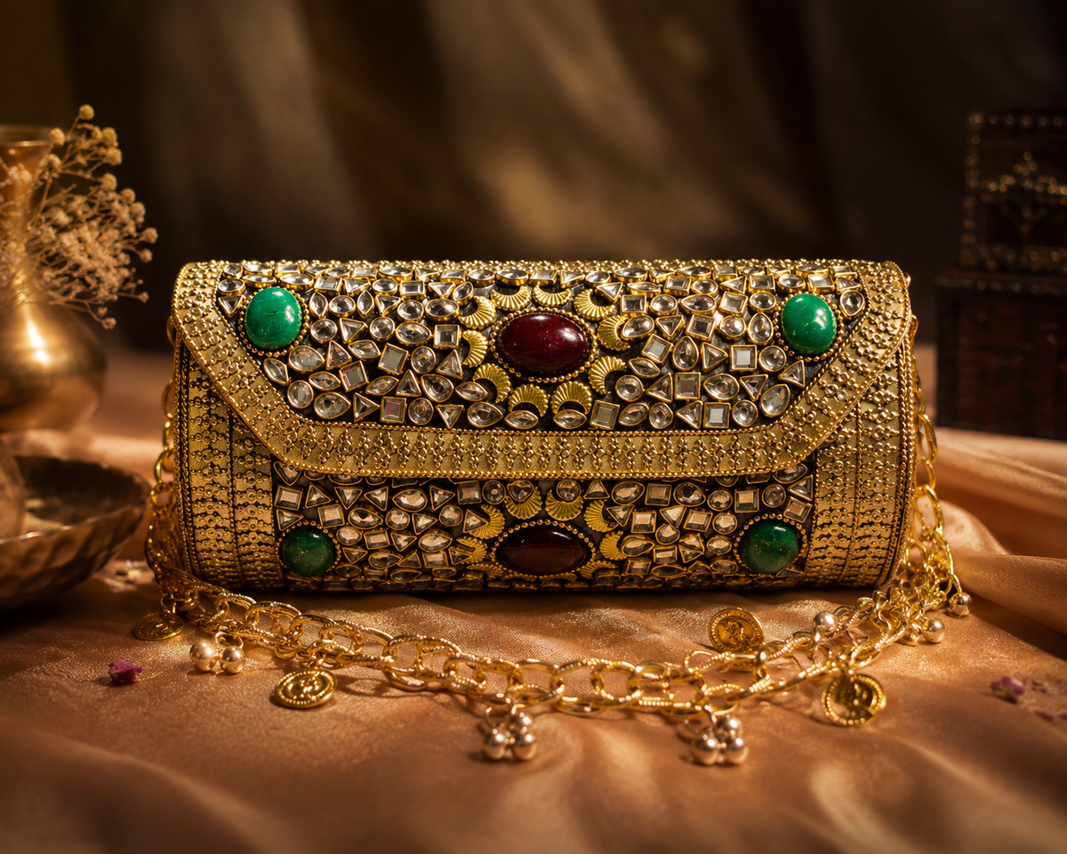 Sheesh Mahal Dholki Clutch in kundan n stones