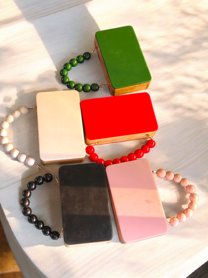 Colour blocked wooden quirky handbags