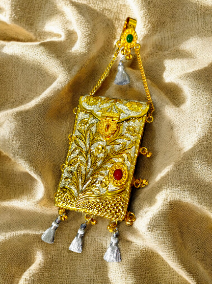 Dual Tone Rectangular Mobile Challah with ghungroo latkans and silver tassels