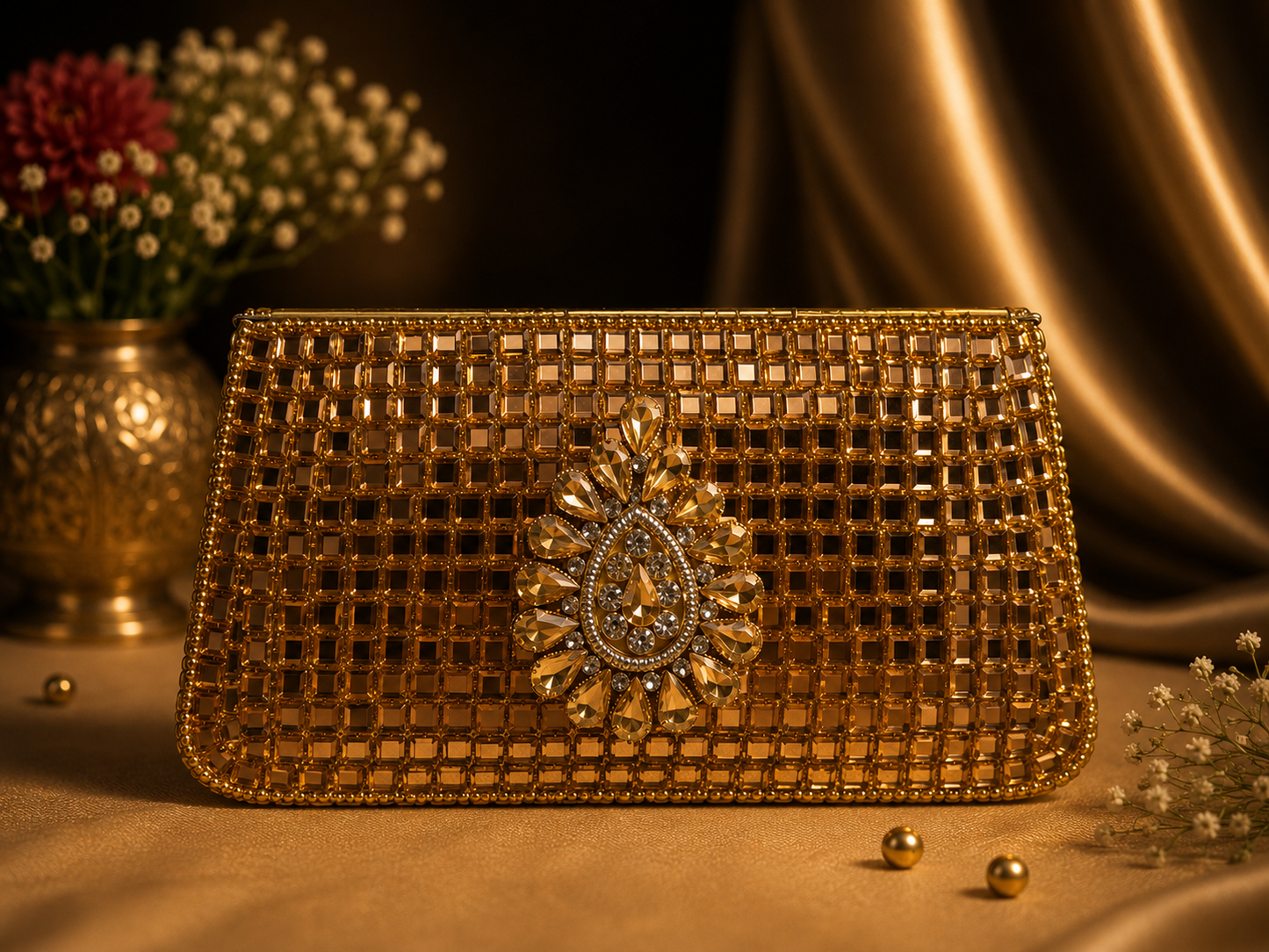 Sheesh Mahal Buta Glass Mosaic Brass Clutch Gold Rectangle