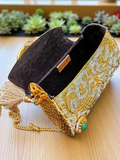 Peacock Engraved Dual Tone Brass Bag with tassels