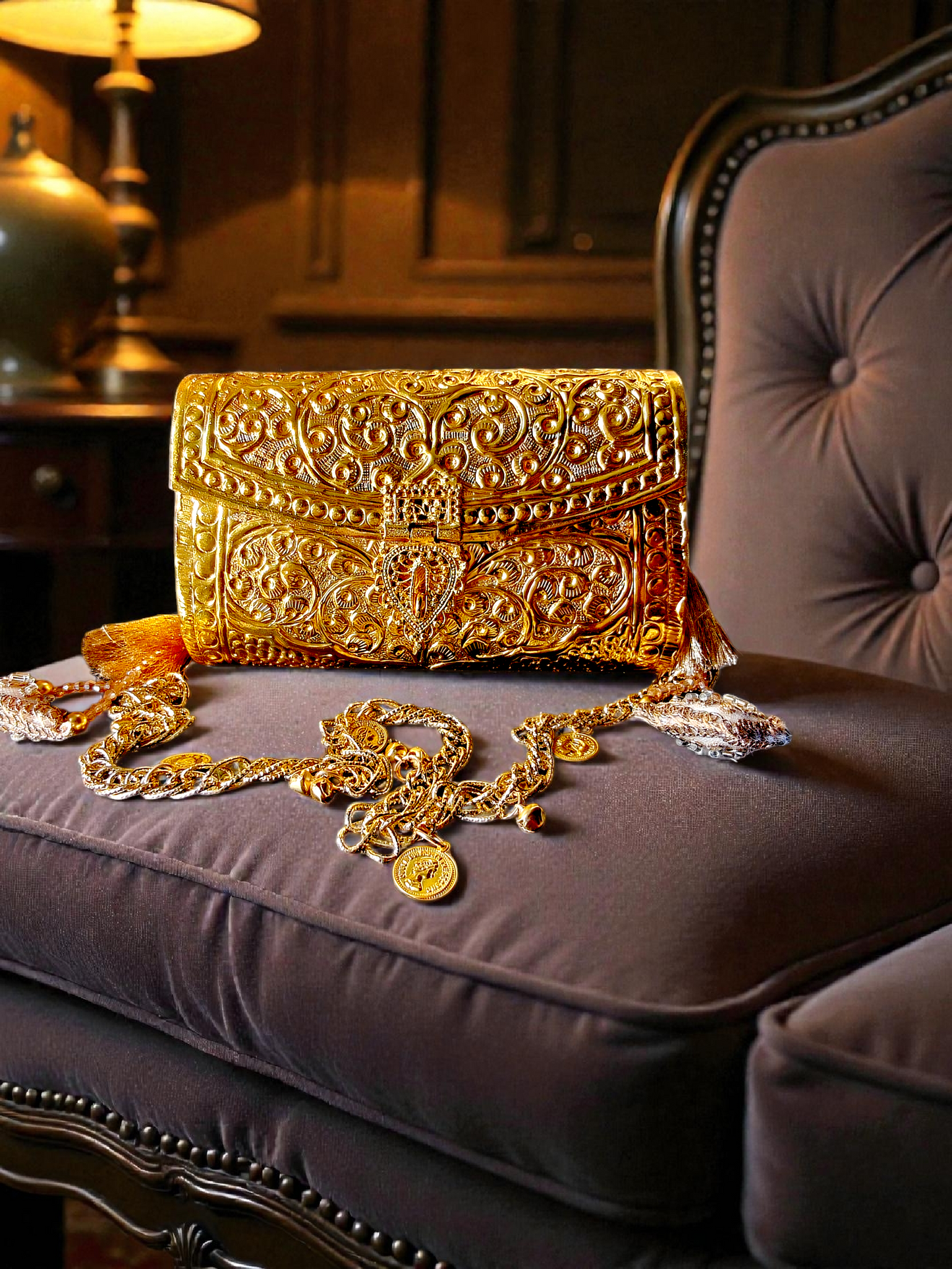 Maharani Royal intricately hand carved Brass Bag with coin and ghungroo charm chain handle
