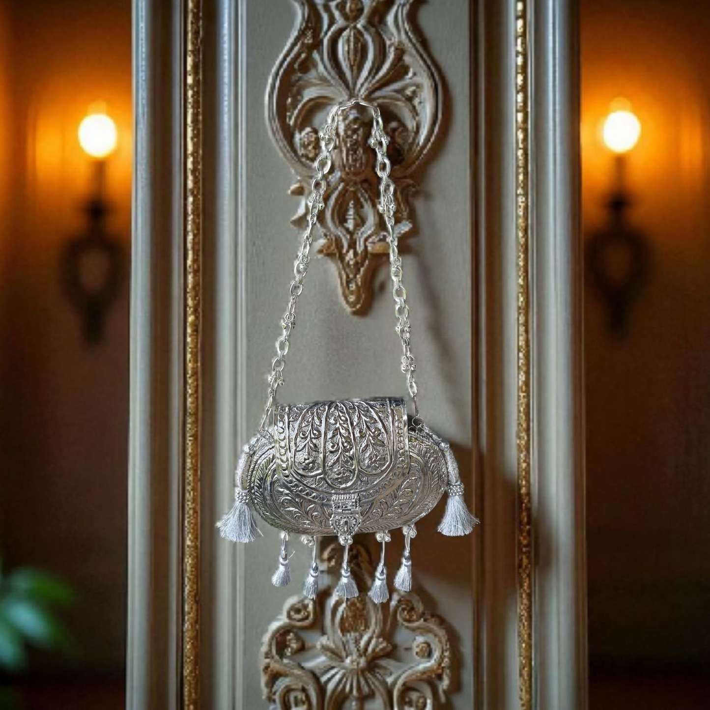 Oval Ethnic Handbag in Silver shade, tassels and ornate ghungroo sling chain