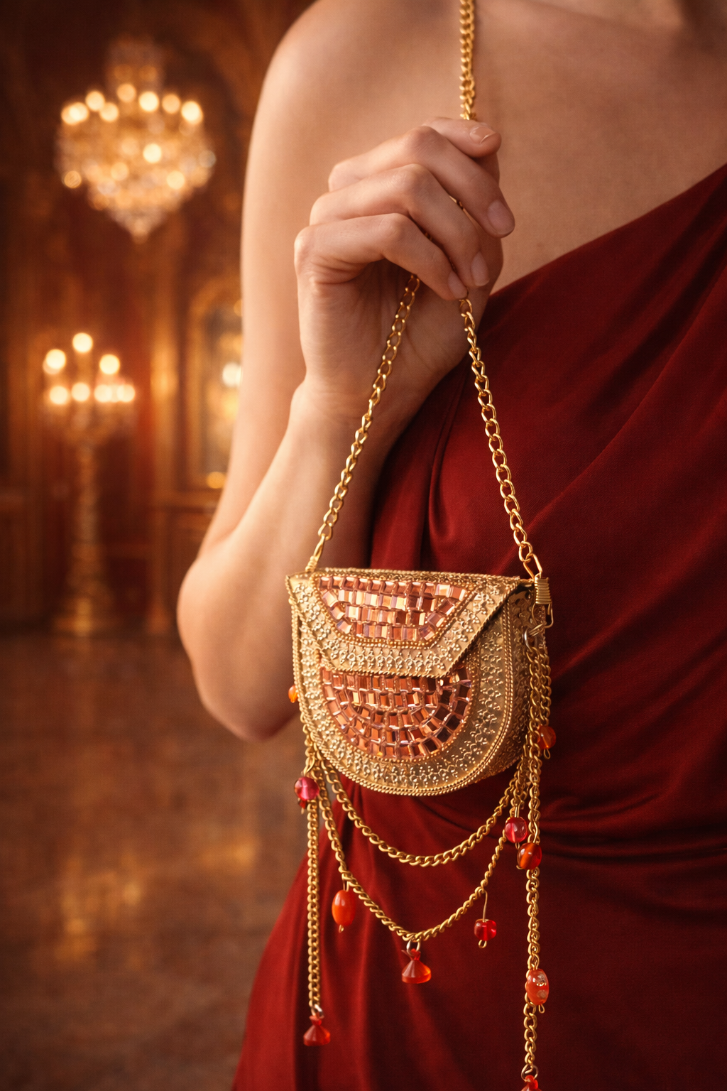 Sheesh Mahal Nano bags - Rose Gold with red crystals