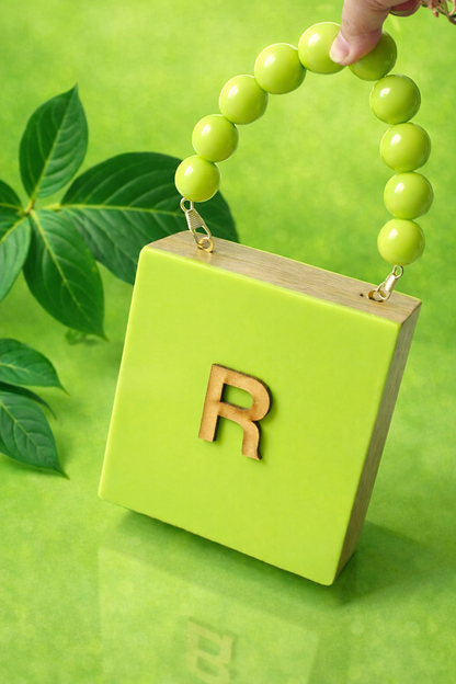 Colour Block Personalized wooden Clutch in beaded handle