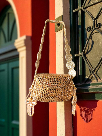 Sheesh Mahal - Glass Mosaic Brass Bag in Rose Gold Tone