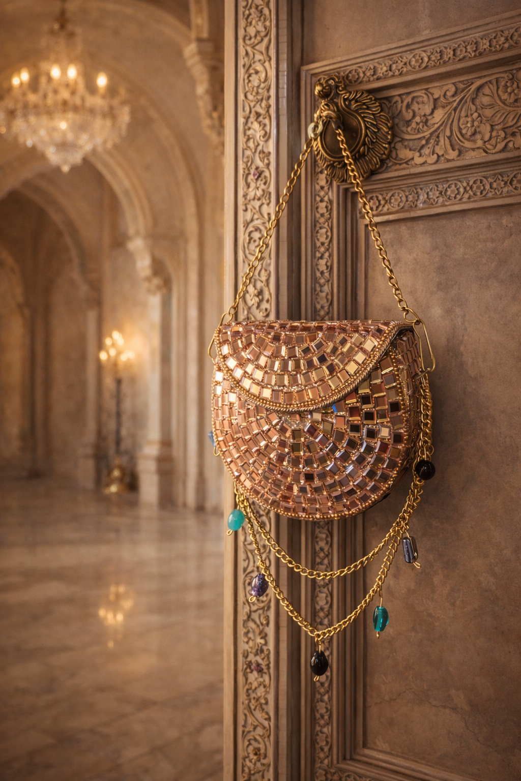 Sheesh Mahal Nano Bags- Rose Gold with Green Crystals