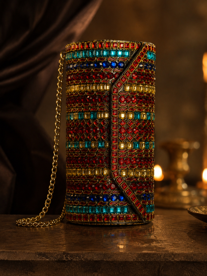 Dholki Multi coloured Kundan Handbag