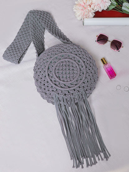 Round Macrame Fringe Boho Bag - Stormy Grey