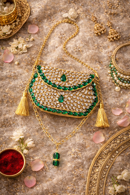 Sheesh Mahal Nano bags - Gold Hexagon with green crystal border