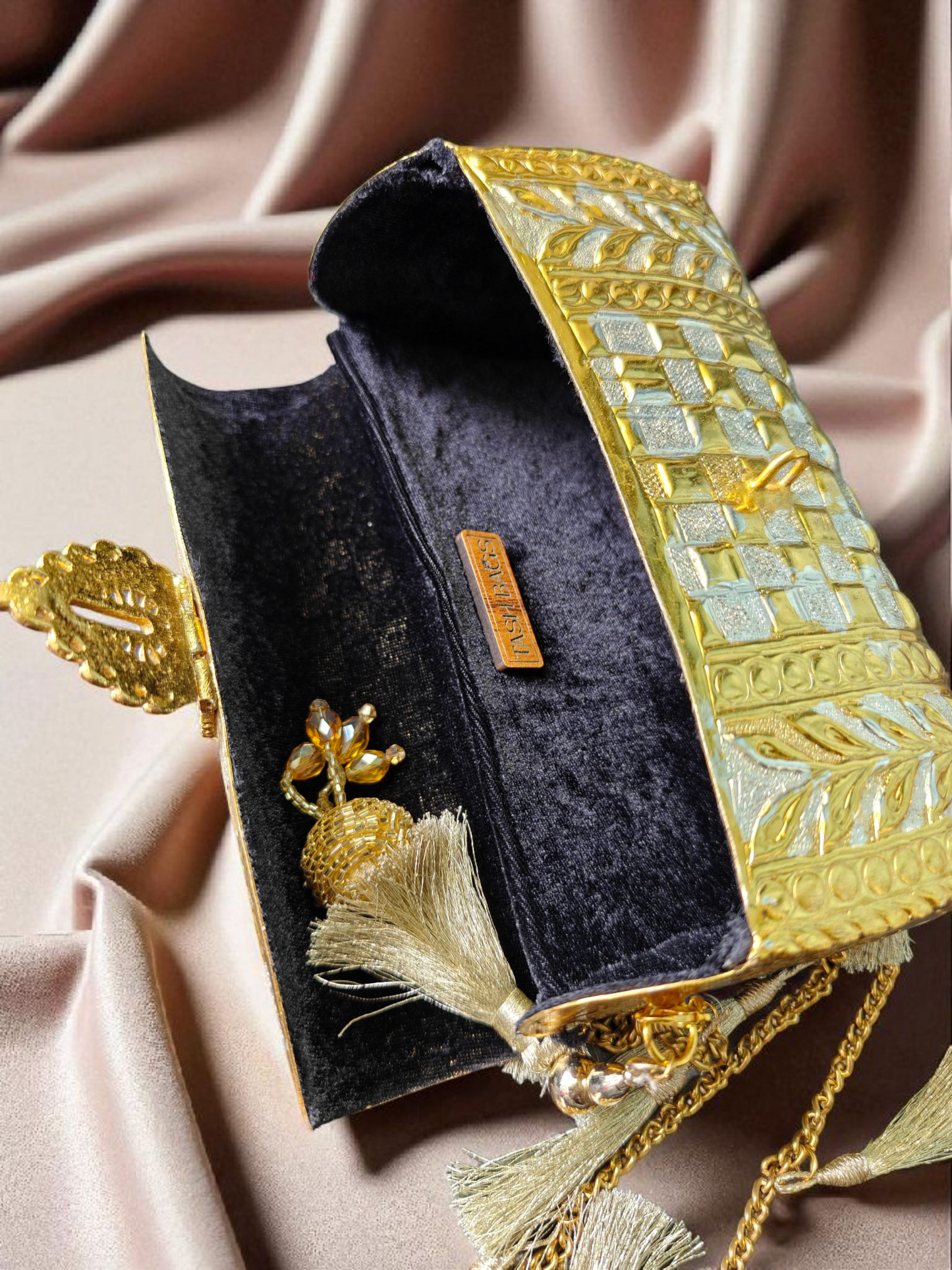 Dual Tone checkered pattern Brass Ethnic clutch