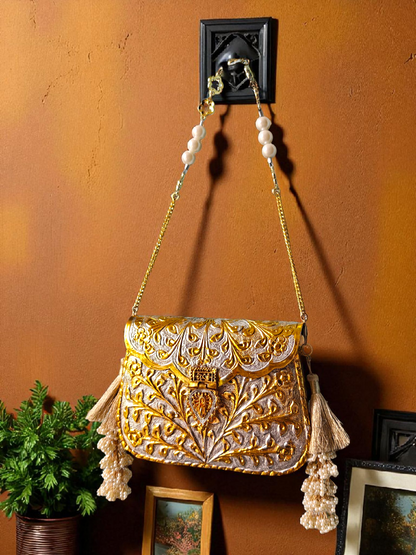 Dual-Tone Rectangular Gold & Silver Engraved Pouch with side Tassels