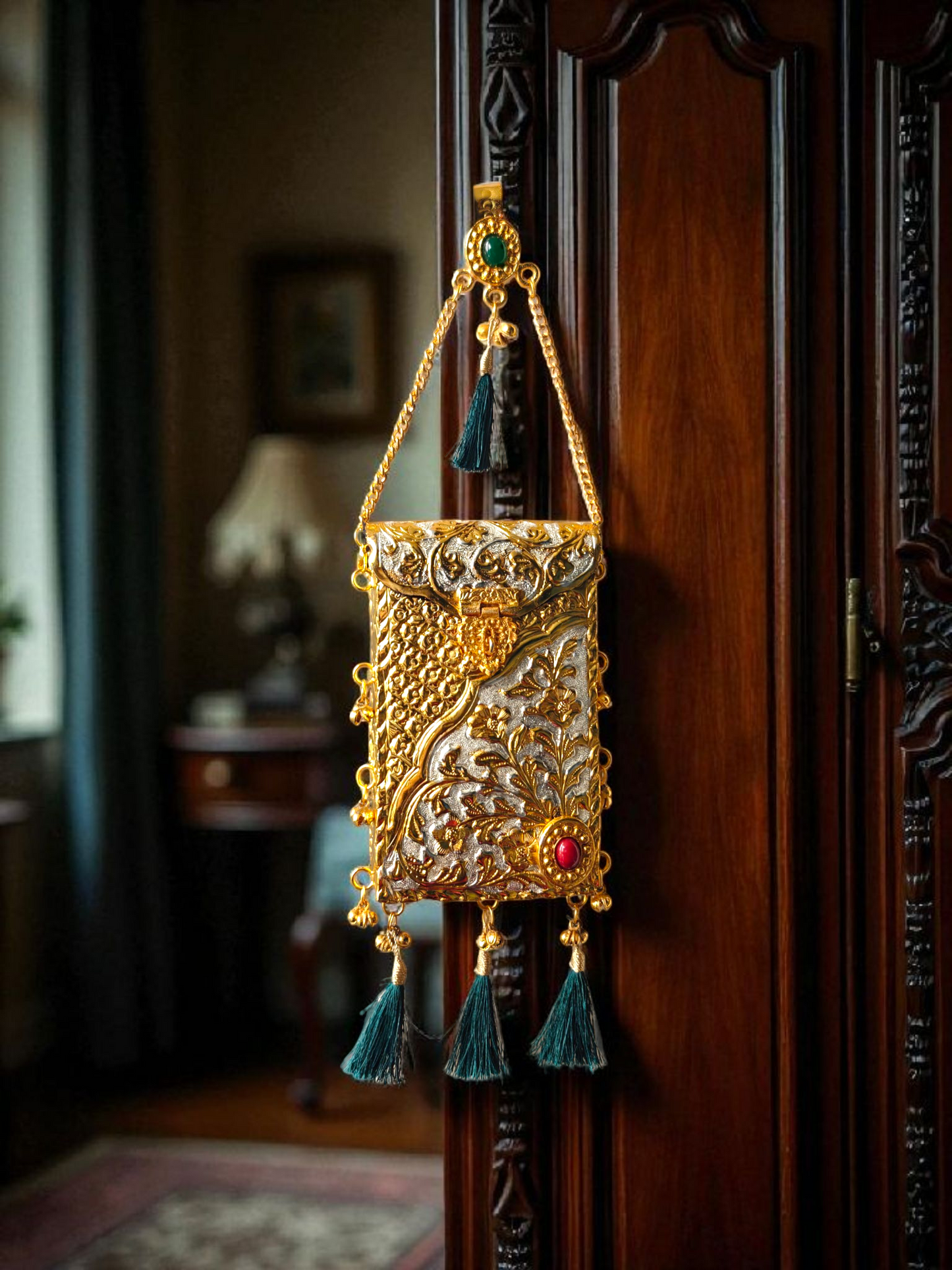 Ornate Handcrafted Mobile pouch in dual tone