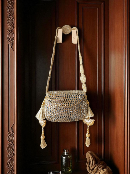 Sheesh Mahal - Glass mosaic Brass Bag in Silver tone
