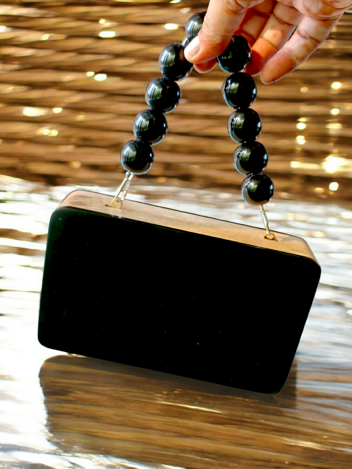Colour blocked wooden quirky handbags