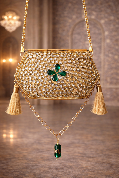 Sheesh Mahal Nano bags - Gold Hexagon with tassels