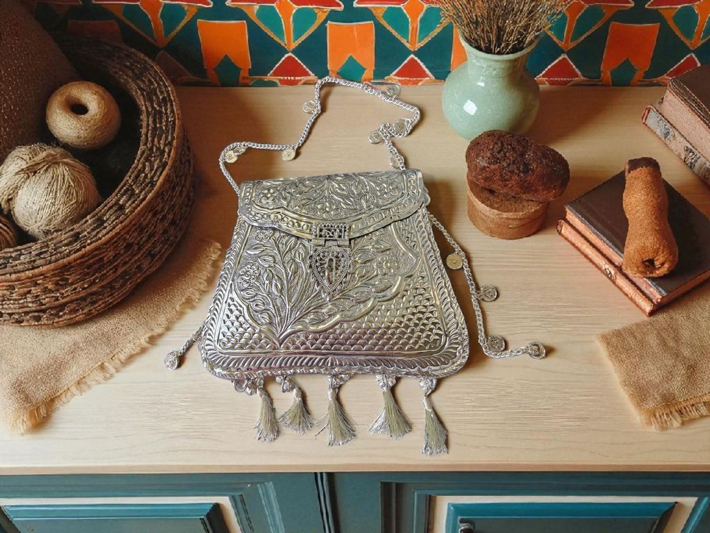Ornate silver tassels bag with coins and ghungroo latkans