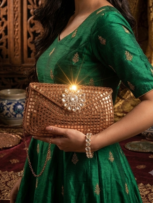 Sheesh Mahal Buta Glass Mosaic Brass Clutch Gold Rectangle