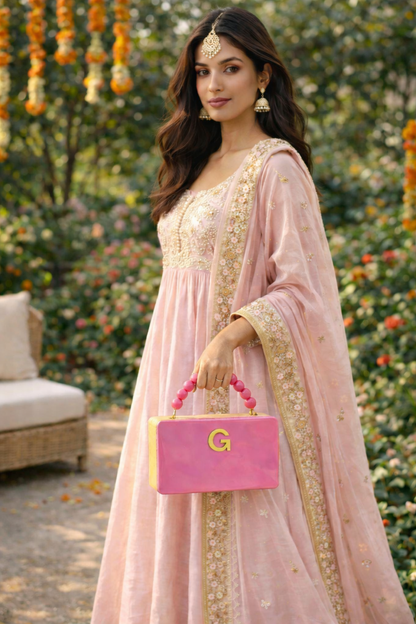 Colour Block Personalized wooden Clutch in beaded handle