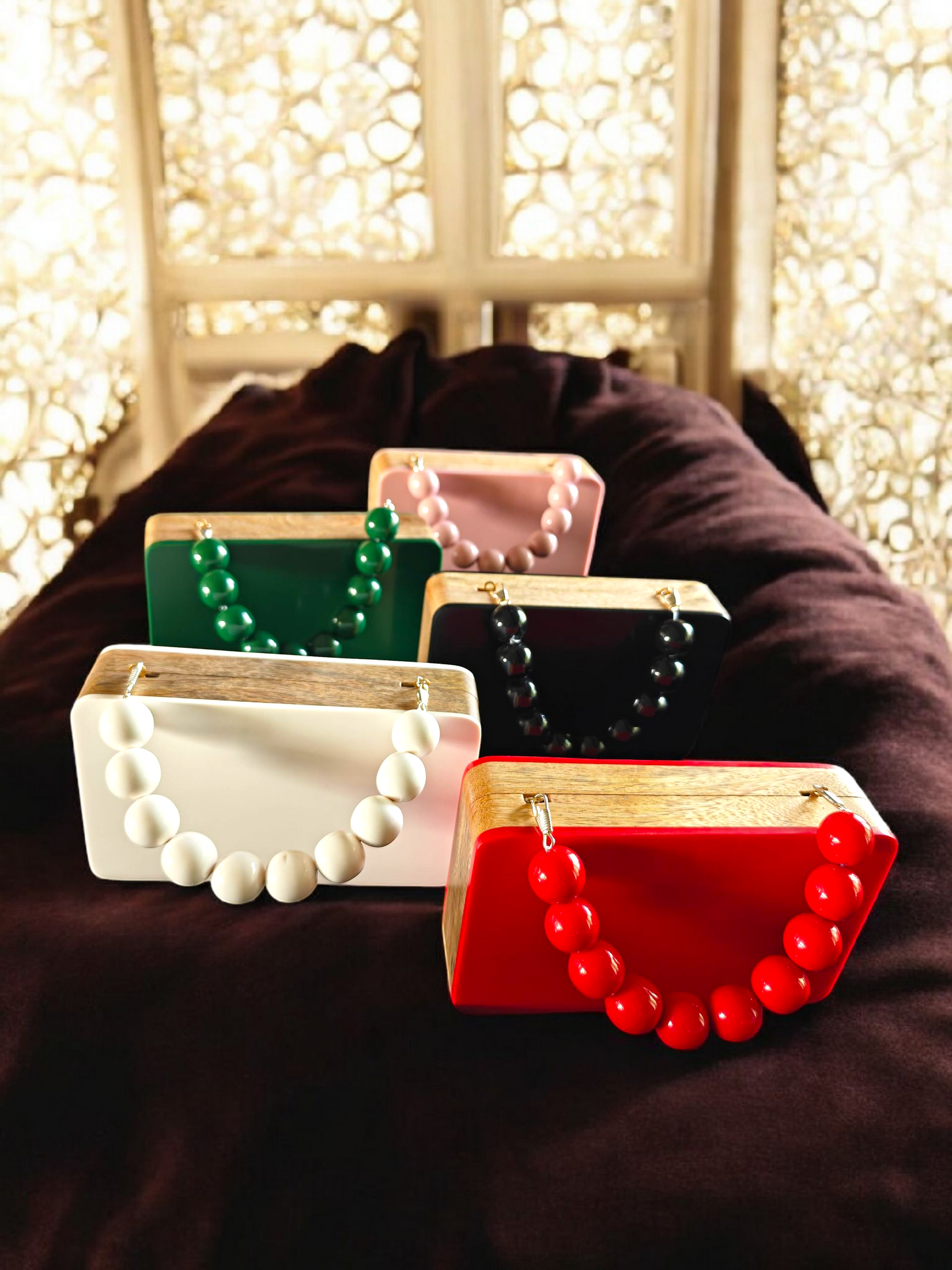 Colour blocked wooden quirky handbags