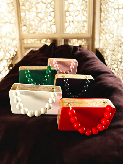 Colour blocked wooden quirky handbags