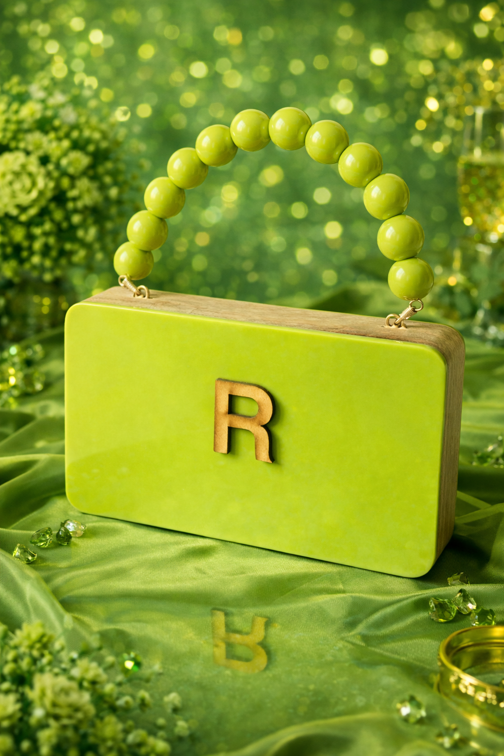 Colour Block Personalized wooden Clutch in beaded handle