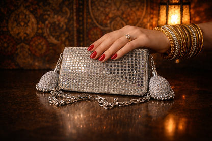 Sheesh Mahal Glass mosaic Rectangular handbag in silver tone