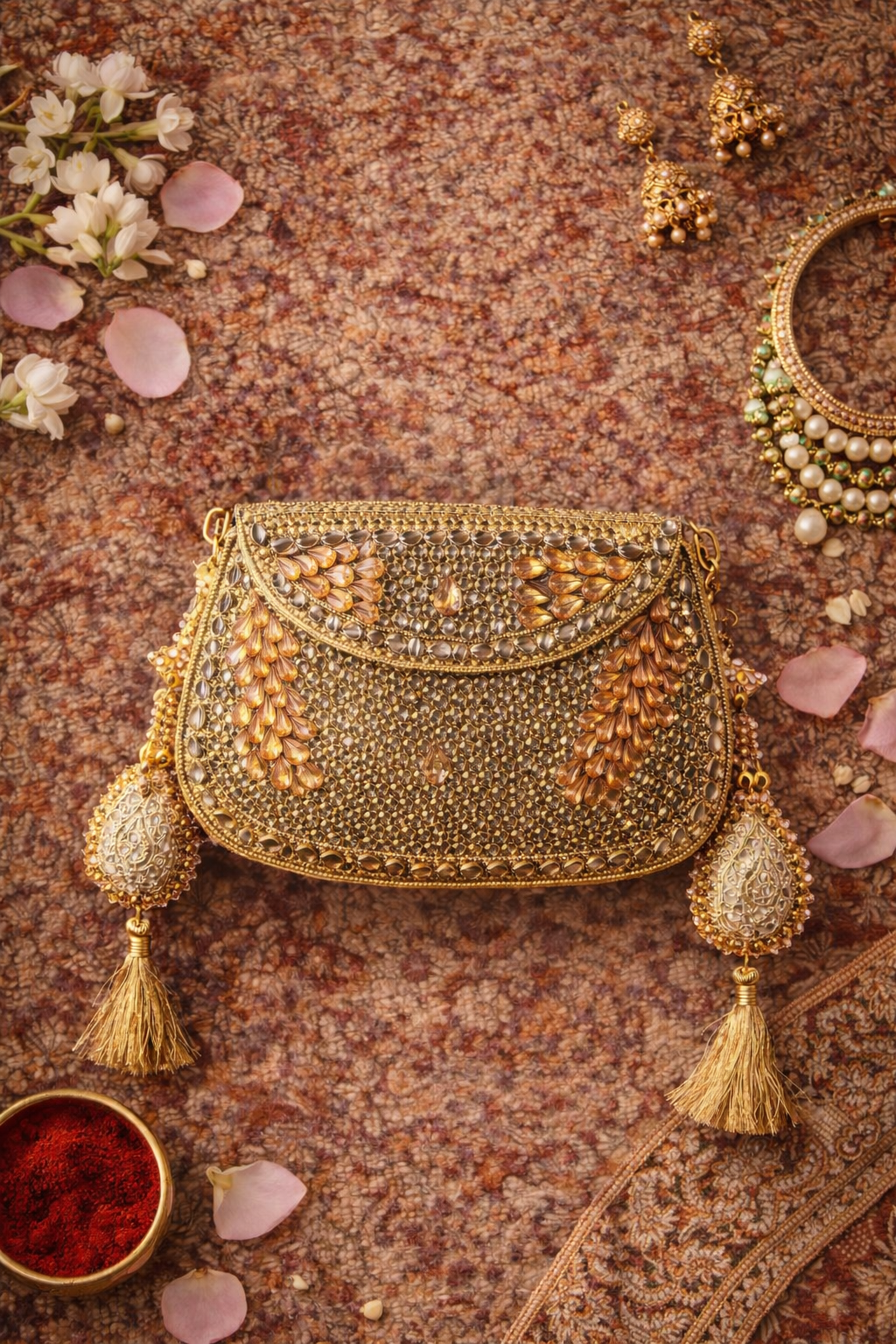 Sheesh Mahal Moha Peach crystal and kundan handbag