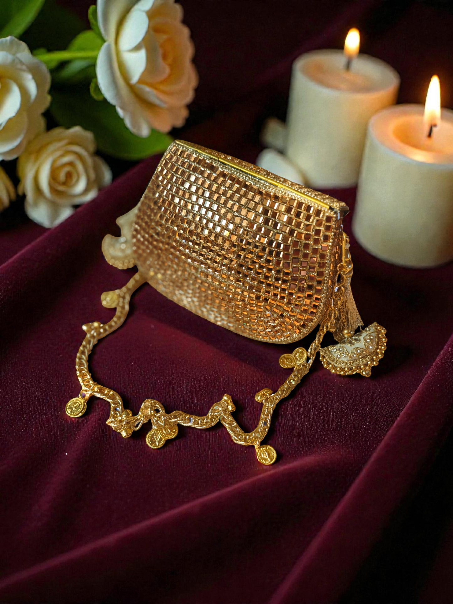 Sheesh Mahal - Glass Mosaic Brass Bag in Rose Gold Tone