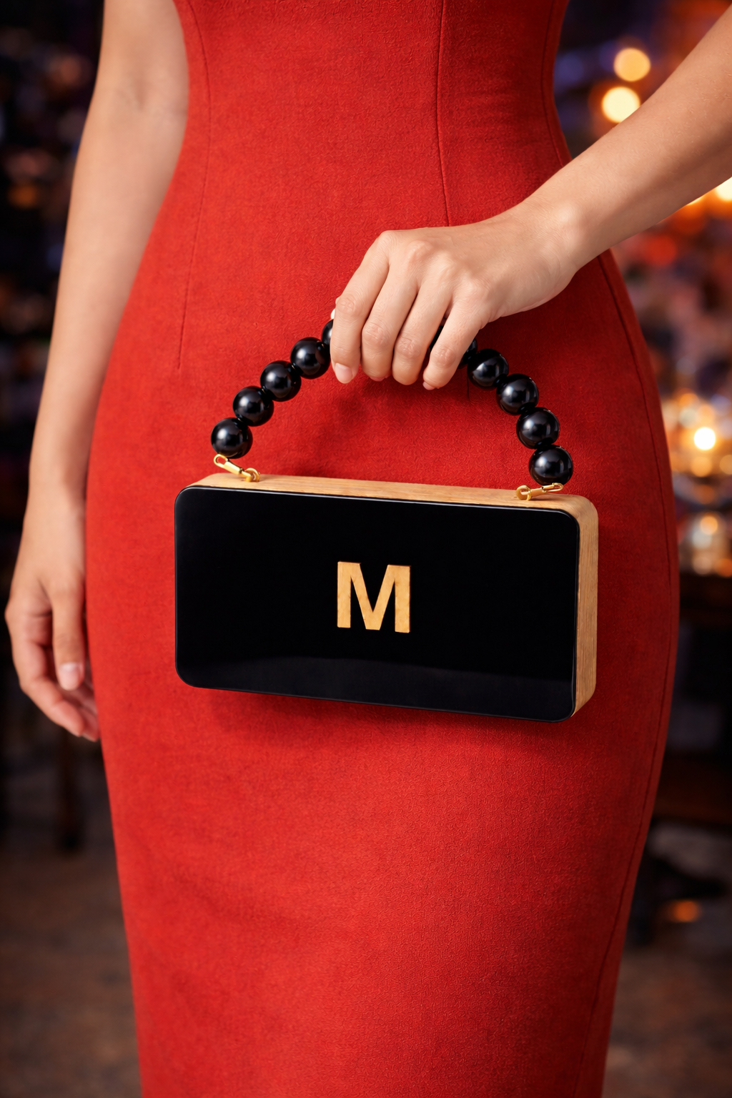 Colour Block Personalized wooden Clutch in beaded handle