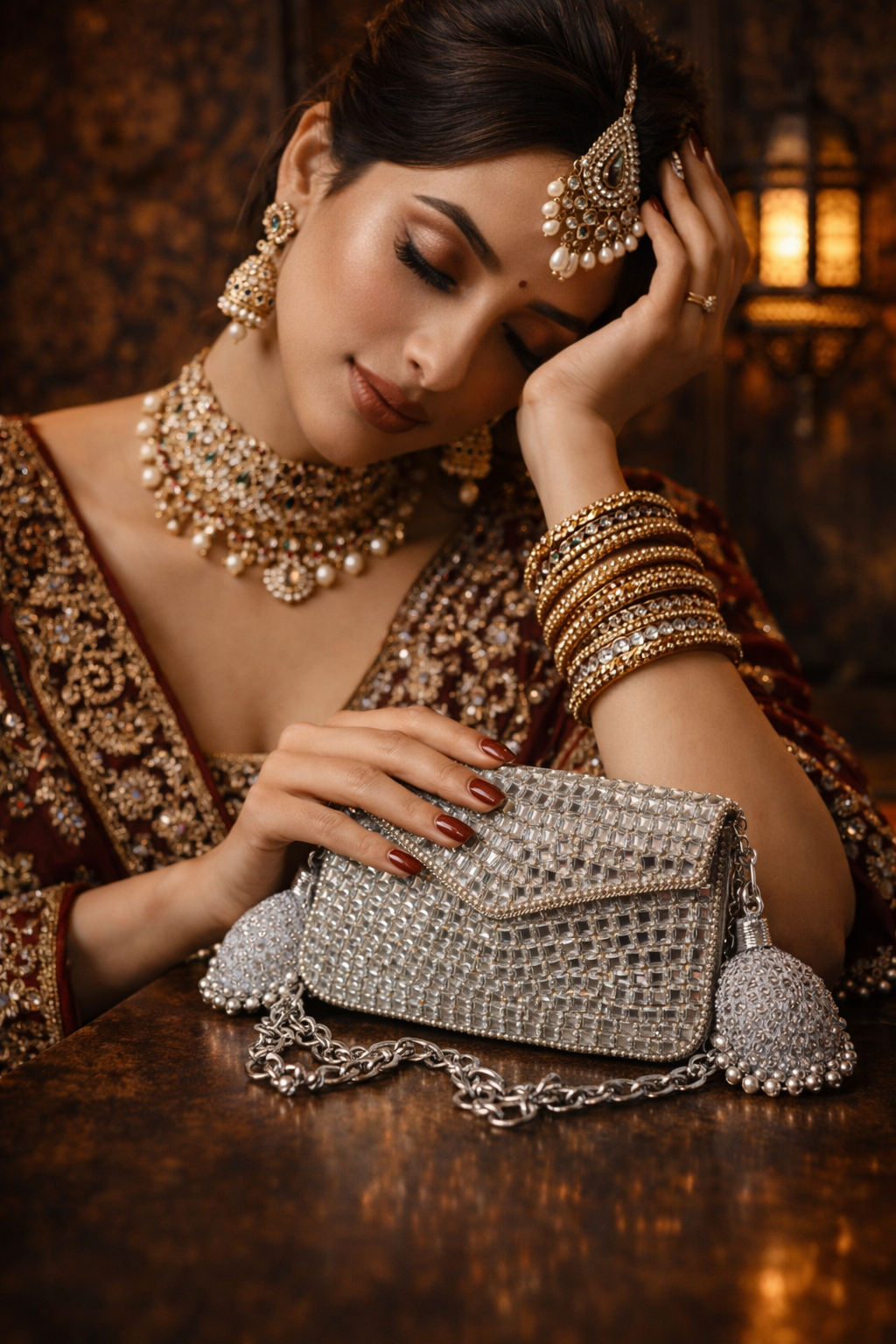 Sheesh Mahal Glass mosaic Rectangular handbag in silver tone