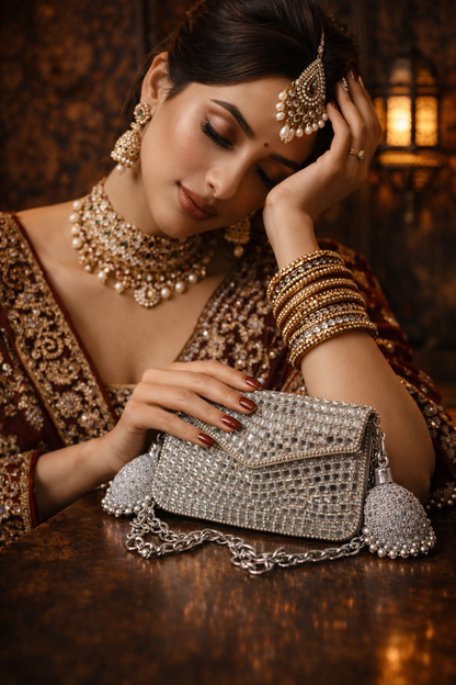 Sheesh Mahal Glass mosaic Rectangular handbag in silver tone