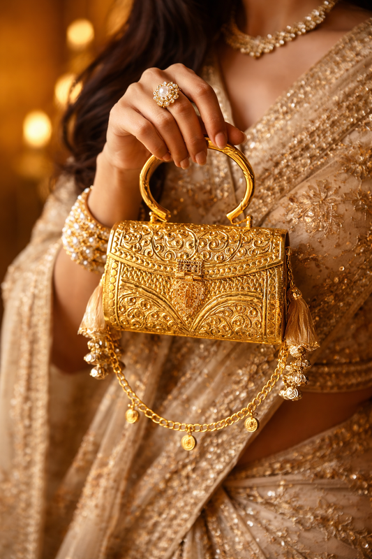 Amara handcrafted intricate detail Royal Gold Brass handbag