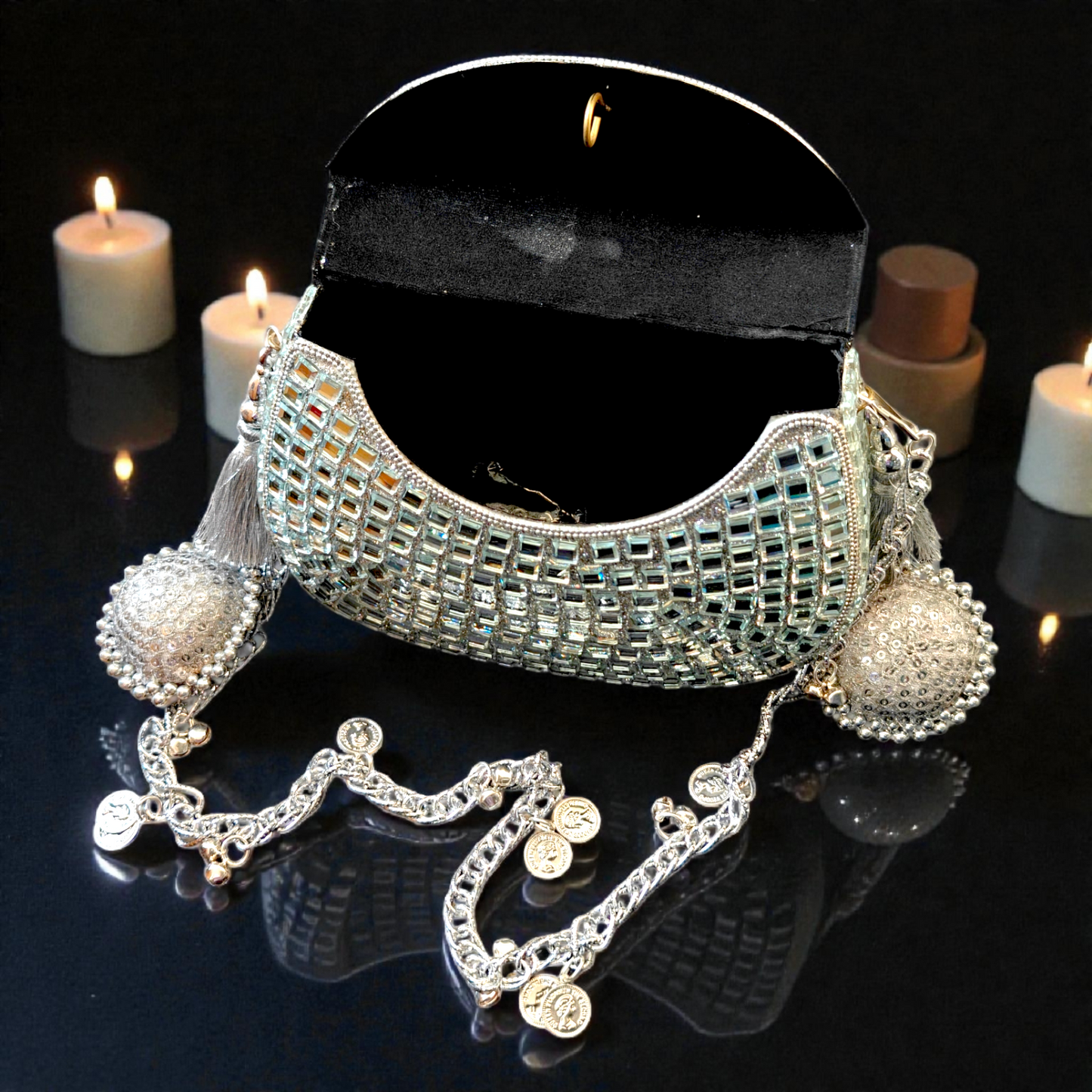 Sheesh Mahal - Glass mosaic Brass Bag in Silver tone