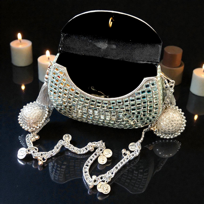 Sheesh Mahal - Glass mosaic Brass Bag in Silver tone