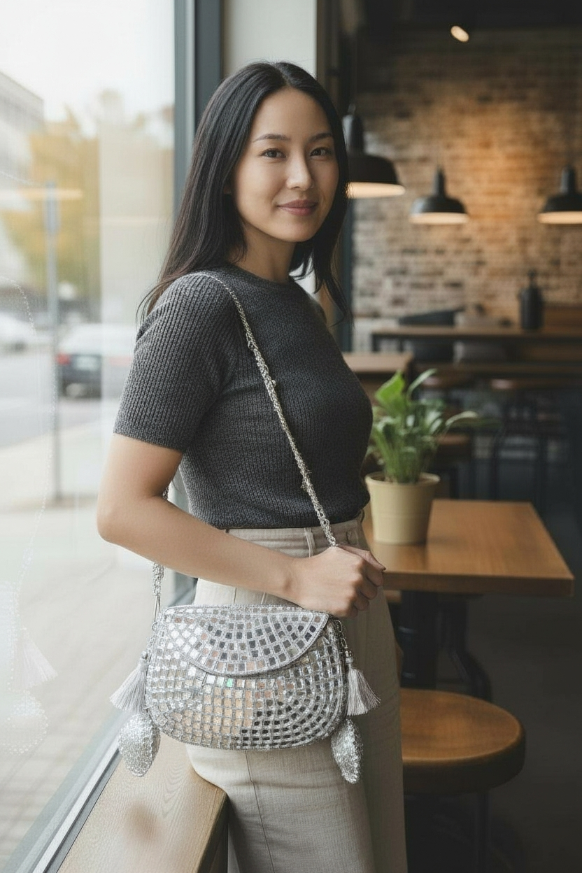 Sheesh Mahal - Glass mosaic Brass Bag in Silver tone