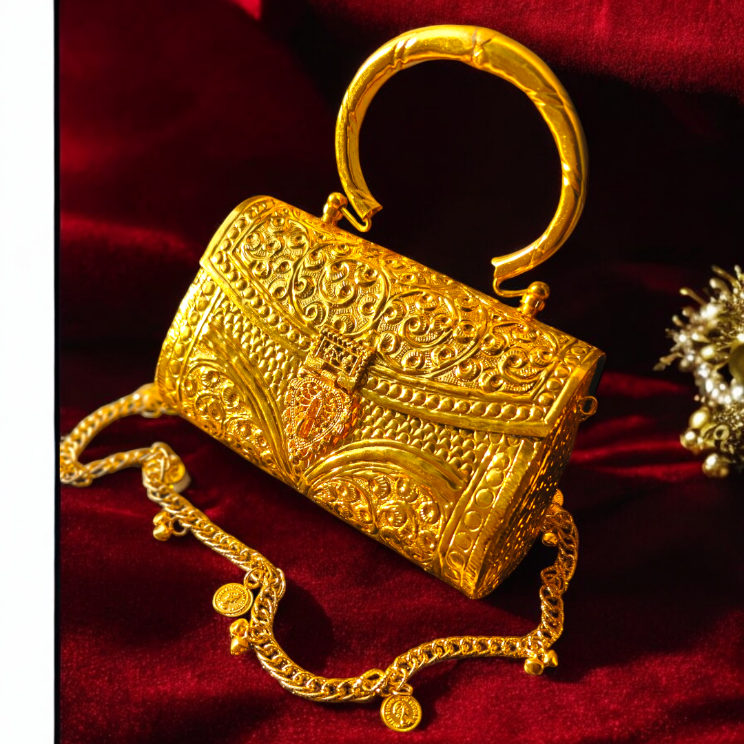 Amara handcrafted intricate detail Royal Gold Brass handbag