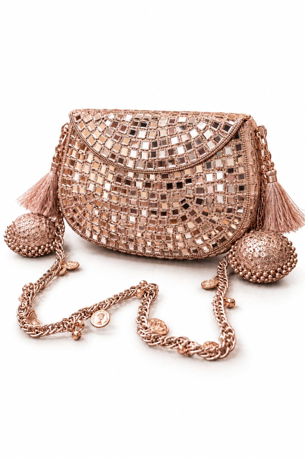Sheesh Mahal - Glass Mosaic Brass Bag in Rose Gold Tone