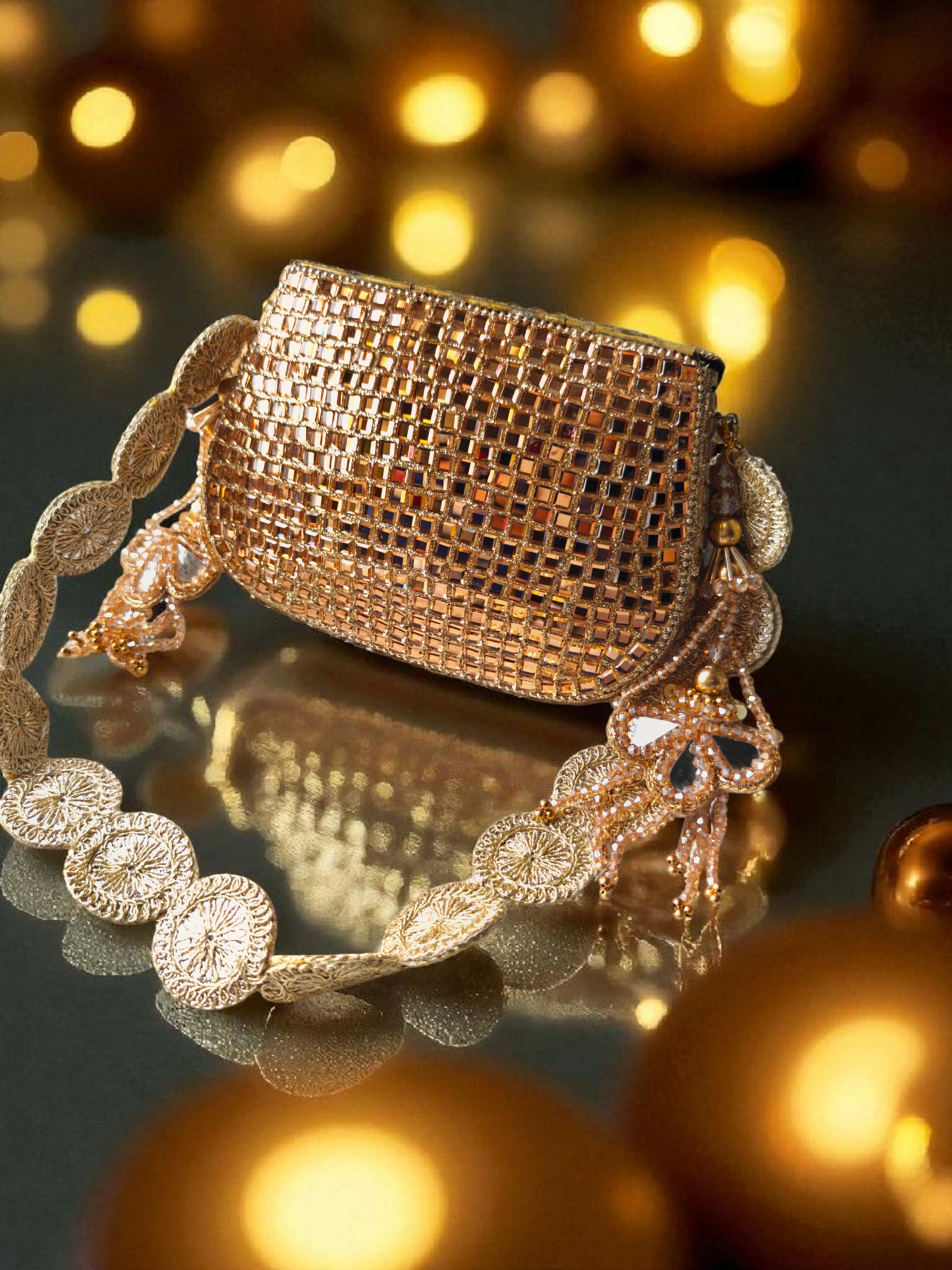 Sheesh Mahal - Glass Mosaic Brass Bag in Rose Gold Tone