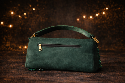 Emerald embellished velvet party clutch