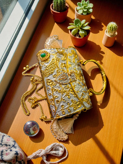 Peacock Engraved Dual Tone Brass Bag with tassels