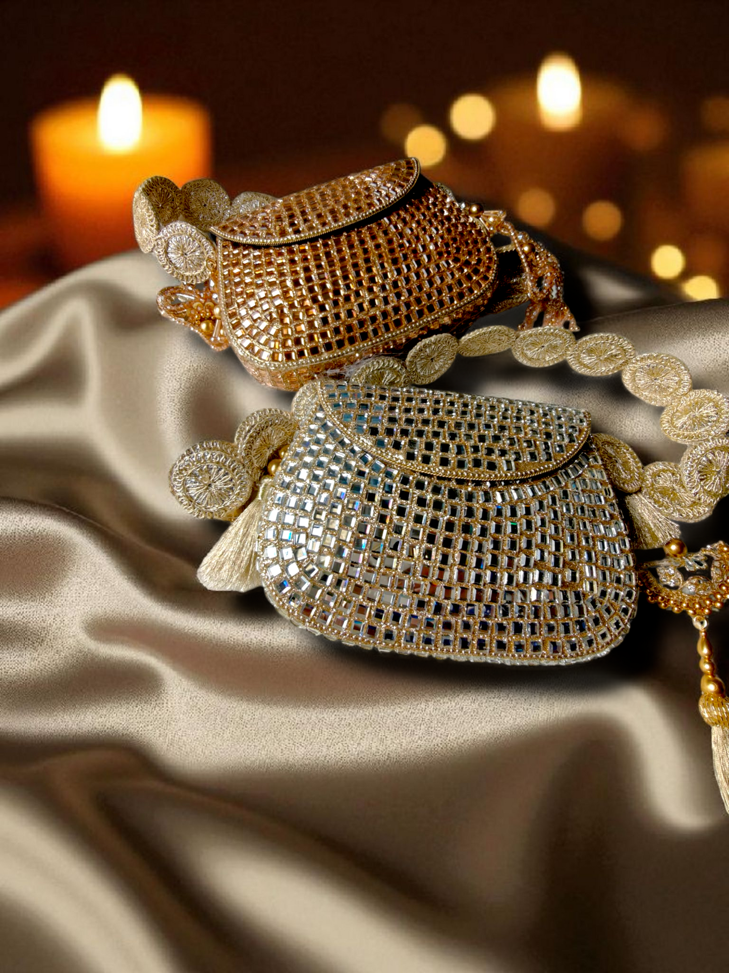 Sheesh Mahal - Glass Mosaic Brass Bag in Rose Gold Tone